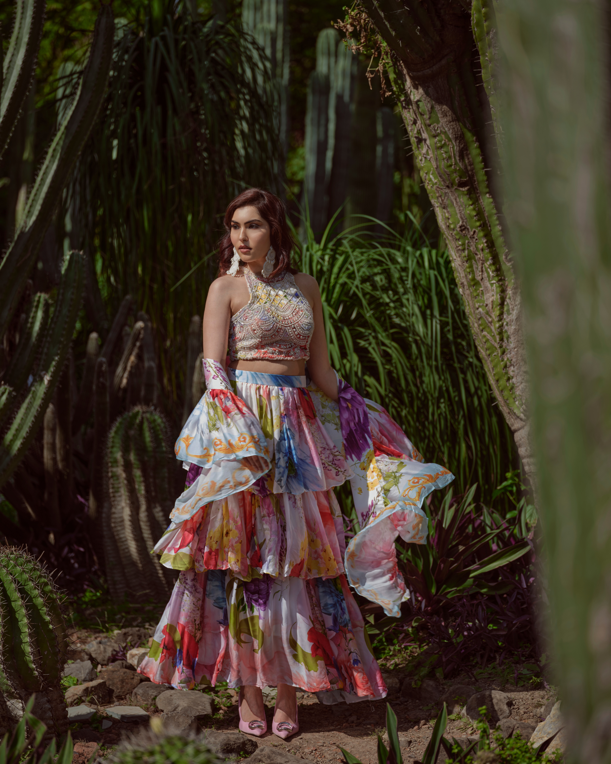 Rapsodia Floreale ruffle skirt with blouse and dupatta